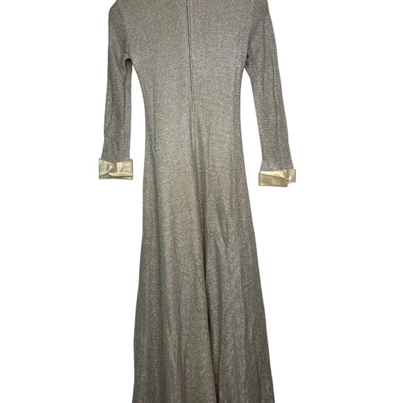 Vintage Montaldos Dress 1960s Metallic Silver Maxi Dress W/ Satin Collar Cuffs - Picture 5 of 7